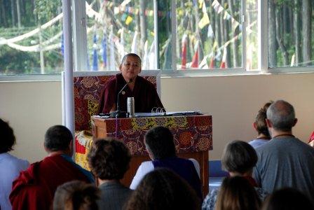 Jetsun Khandro Rinpoche teaching during the 2011 Mindrolling Retreat in India.