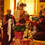 Ven. Lama Namgyal, Ven. roara Vestre, and Ven. Lama Gyurme offering the body, speech, and mind mandala to H.E. Jetsun Khandro Rinpoche, Vajradharling, France 2012.