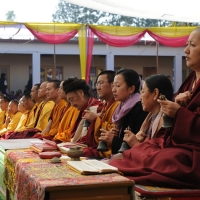 Jetsün Khandro Rinpoche, Jetsün Dechen Paldrön and Minling Sangyum Kushog during a sadhana practice at Mindrolling Monastery