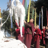Jets&amp;uumln Khandro Rinpoche offers a kathag at the throne of Mingyur Paldrön in Sikkim.