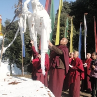 Jets&uumln Khandro Rinpoche offers a kathag at the throne of Mingyur Paldrön in Sikkim.