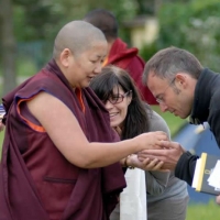 Jetsün Khandro Rinpoche with sangha members upon her arrival in Denmark.