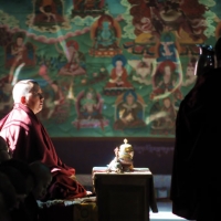 Jetsün Khandro Rinpoche during an empowerment in the Great Stupa of Mindrolling Monastery.