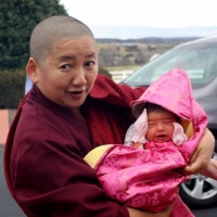 Jetsün Khandro Rinpoche introduces her niece Jetsün Gautami Thrinley Choedron, upon their arrival at Lotus Garden, December 2012.