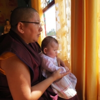 Jetsün Khandro Rinpoche and Jetsün Gautami Thrinley Choedron watching the Tse Chu ceremony at Mindrolling in March 2013.