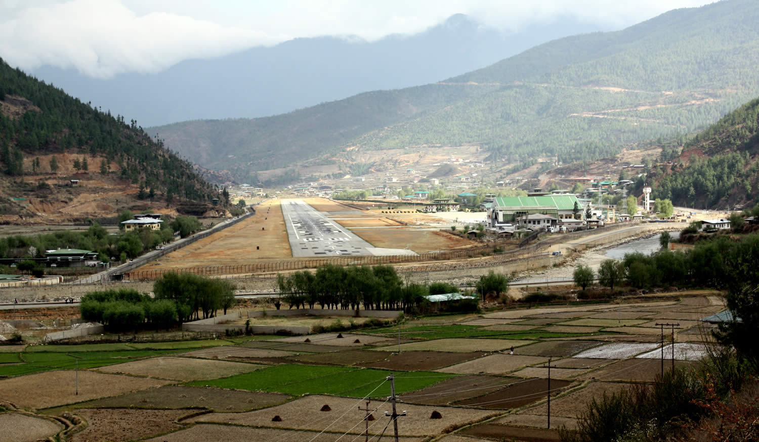 View of the runway at Paro airport.