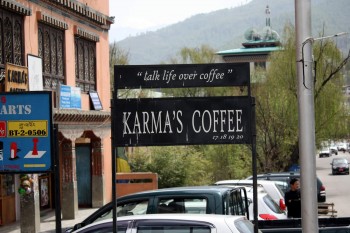 Sleepy pilgrims happily discover an espresso shop in downtown Thimphu.