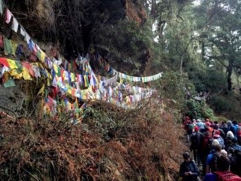 Pilgrims with prayer flags.