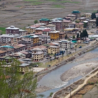 View of Paro and the Paro Chhu River from the National Museum of Bhutan.