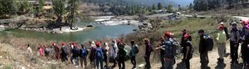 Approaching the suspension bridge over the Chamkar River.