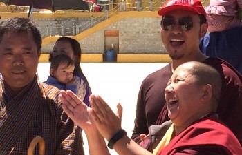 Jets&uuml;n Khandro Rinpoche with Dungse Rinpoche, Jets&uuml;n Dechen Paldron, Umdze Tulku Ngawang Jigdral Kunga la and tour coordinator Tenpa Choepel at Kunsel Phodrang.