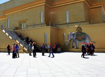Group members admire the magnificent artwork on the exterior of the Buddha Dodenma shrine&mdash;here the &#039;precious elephant&#039; from the mandala offering.
