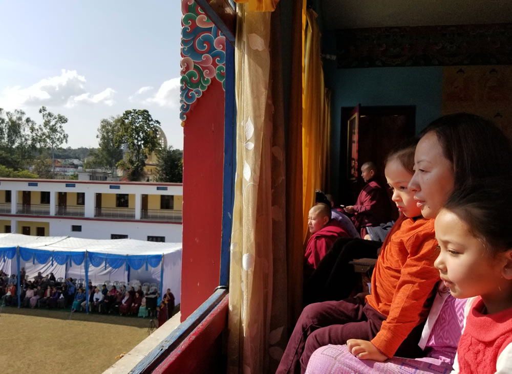 Minling Jetsün Dechen Paldrön, Dungse Rinpoche and Jetsün Rinpoche watch the Cham of the Shinje Drekjom Drubchen