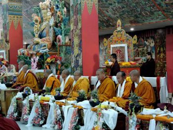 Khenpos and lop&ooml;ns during the enthronement ceremony